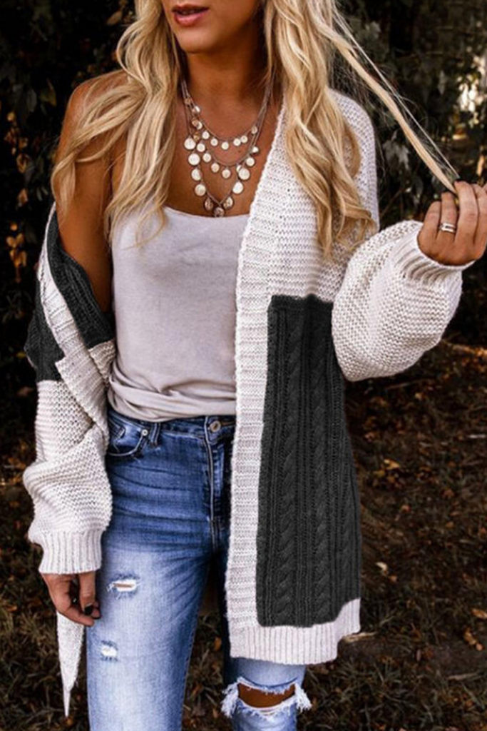 WW | Lässiger Solider Patchwork-Cardigan mit Kragen Cardigans