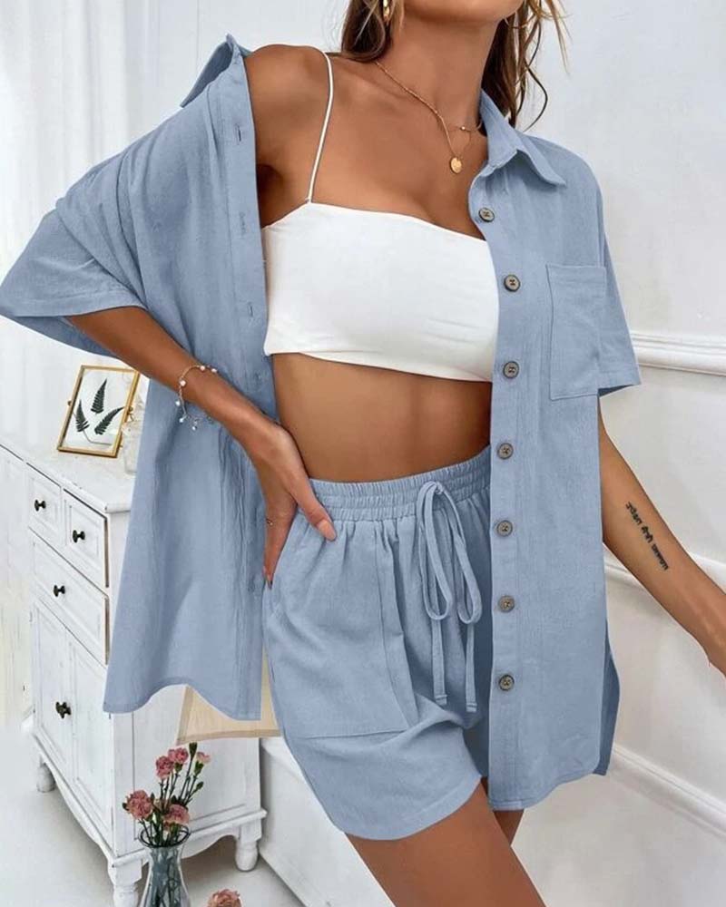 WW | Lässiges Set aus Einfarbigem Hemd und Shorts