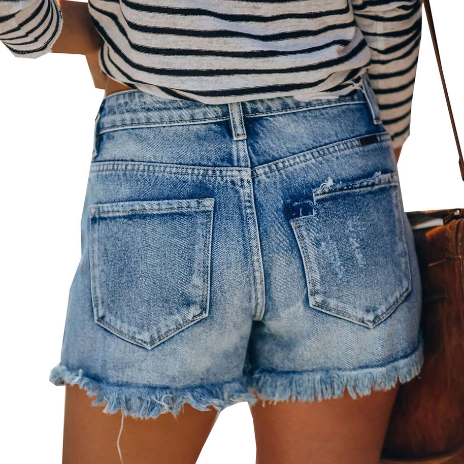 Damen Jeansshorts im lässigen Vintage-Stil mit fransigem Saum und modischen Rissdetails WW