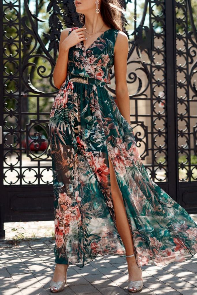 WW | Fashion Print Slit V-Neck Mesh Kleid Kleider