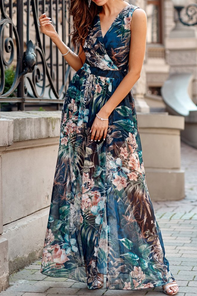 WW | Fashion Print Slit V-Neck Mesh Kleid Kleider
