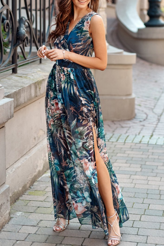 WW | Fashion Print Slit V-Neck Mesh Kleid Kleider