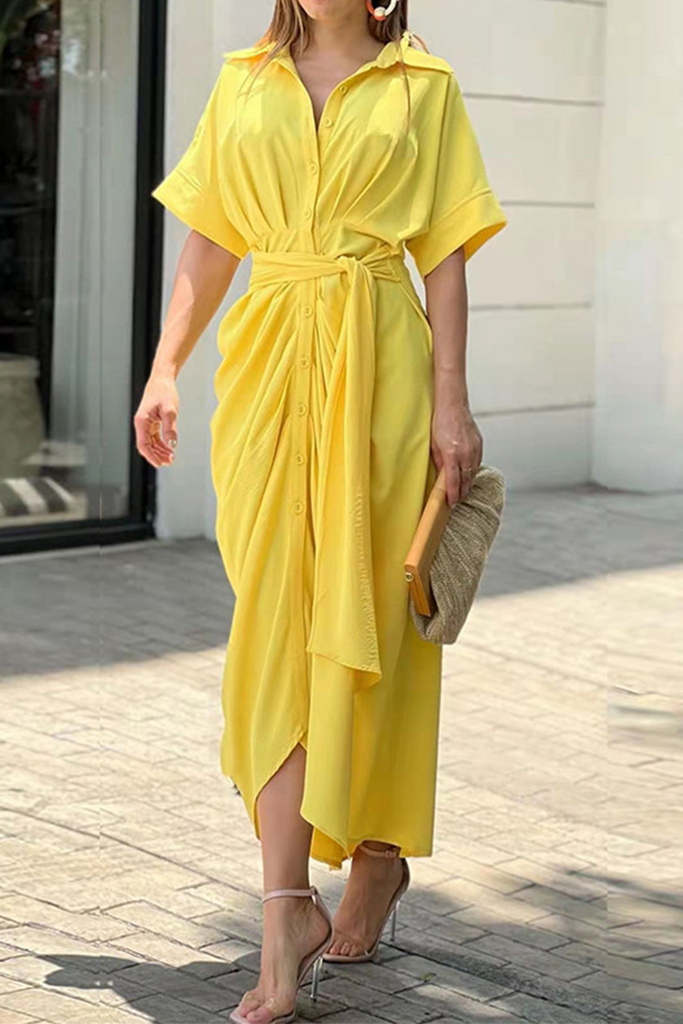 WW | Lässige Einfarbige Patchwork Umlegekragen Hemd Kleid Kleider