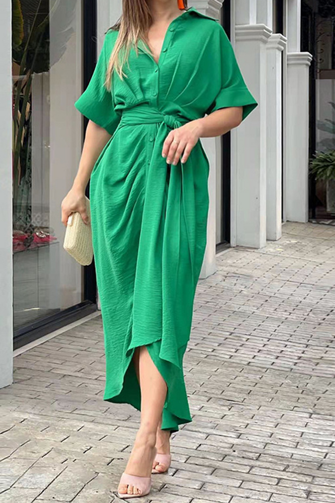 WW | Lässige Einfarbige Patchwork Umlegekragen Hemd Kleid Kleider