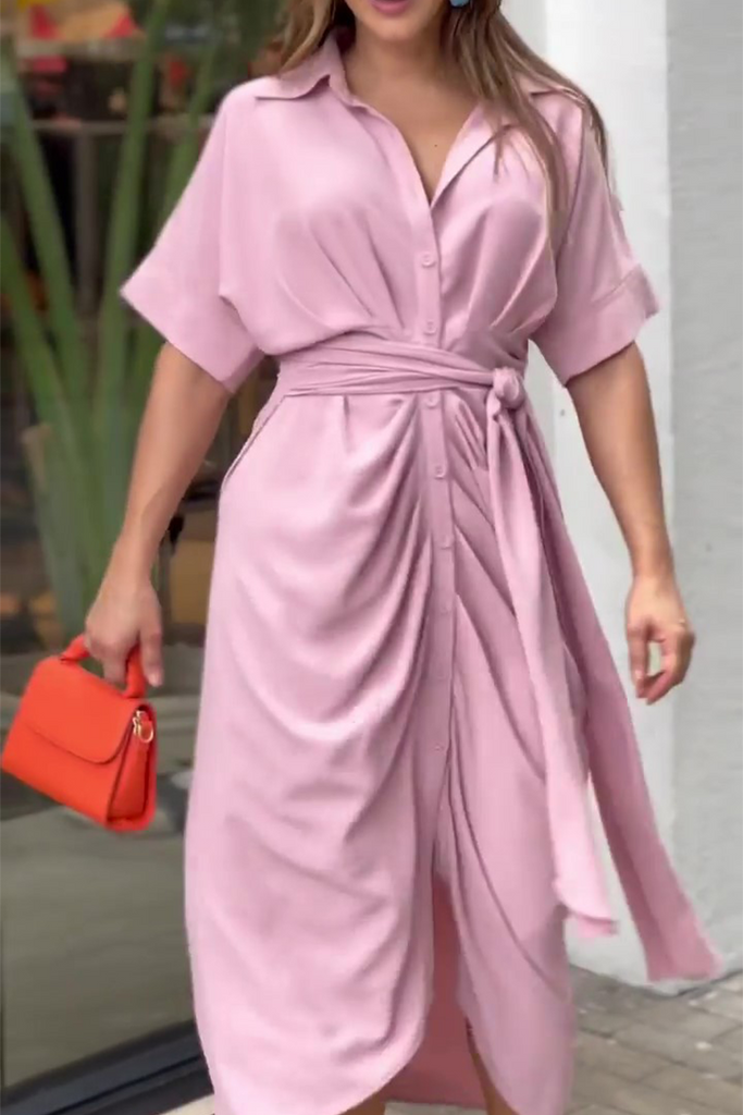 WW | Lässige Einfarbige Patchwork Umlegekragen Hemd Kleid Kleider