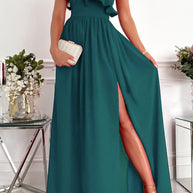 WW | Sexy Elegante Druck Patchwork Rüsch Schräger Kragen Kleider