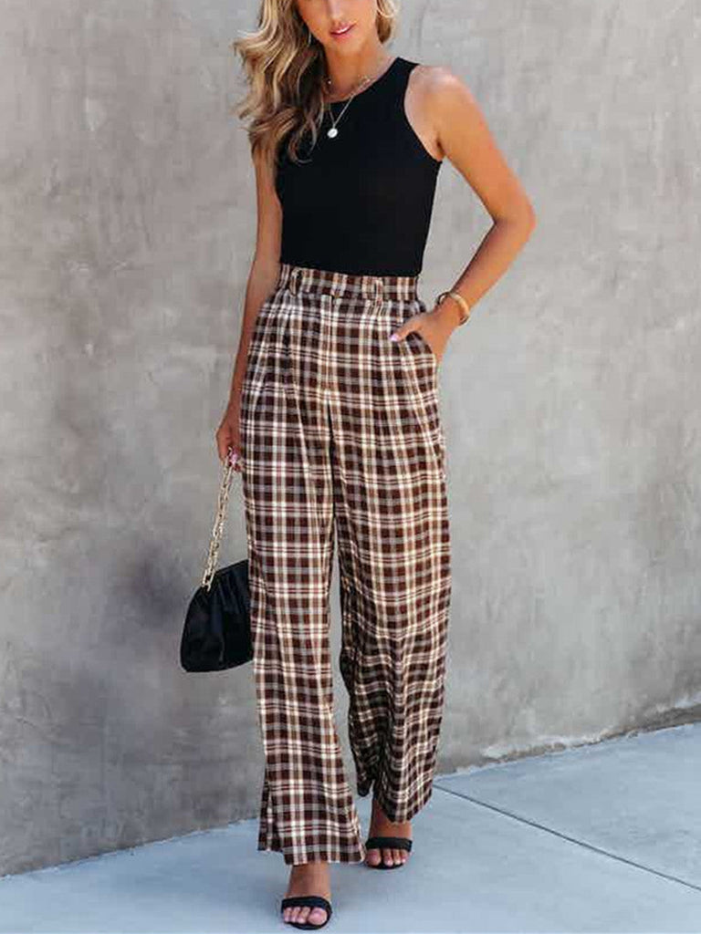WW | Mode Tartan Gerade Hohe Taille Breite Beine Hosen