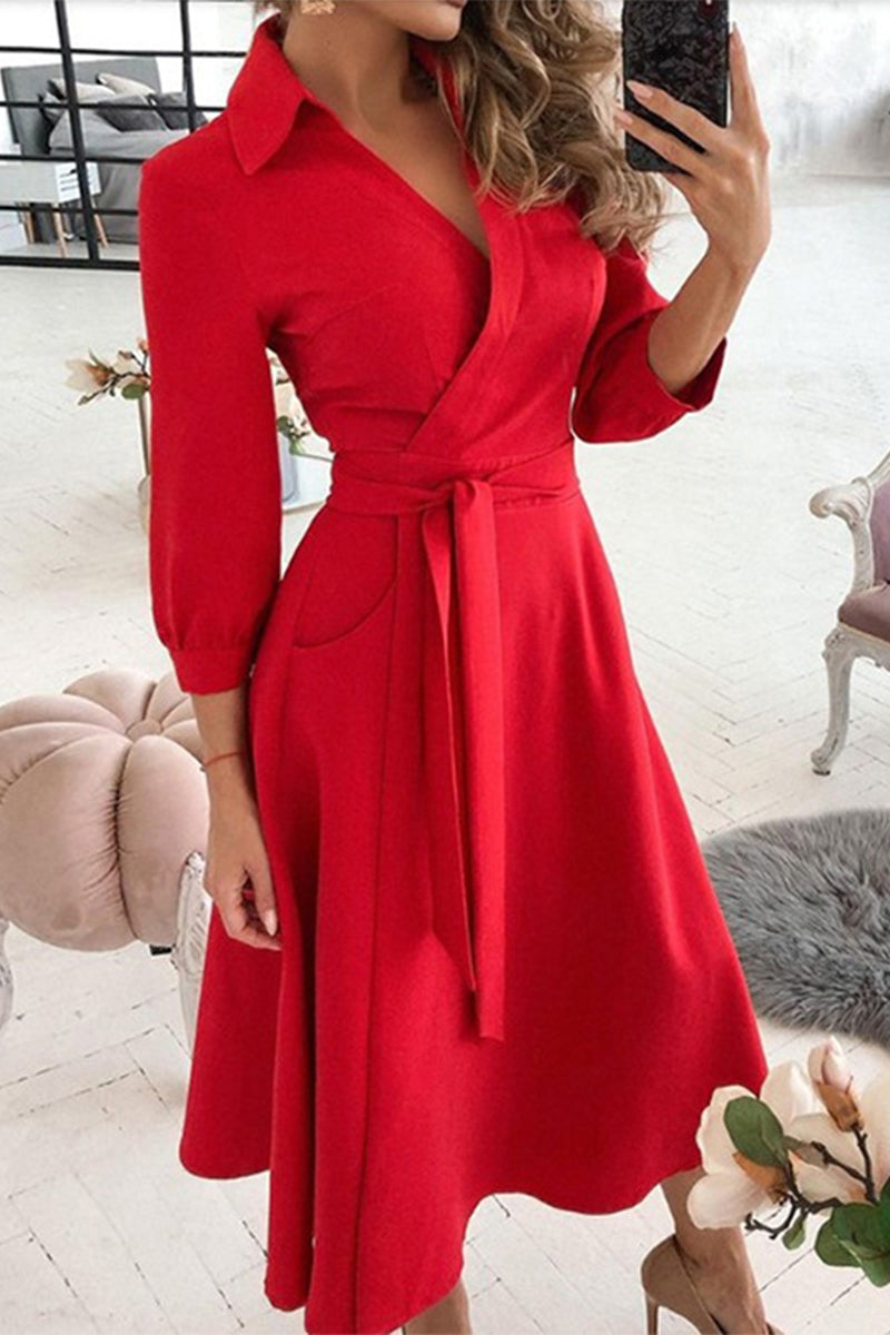 WW | Elegante Druckdruck Umgeschlagener Kragen A-Linie Kleider