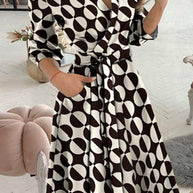 WW | Elegante Druckdruck Umgeschlagener Kragen A-Linie Kleider