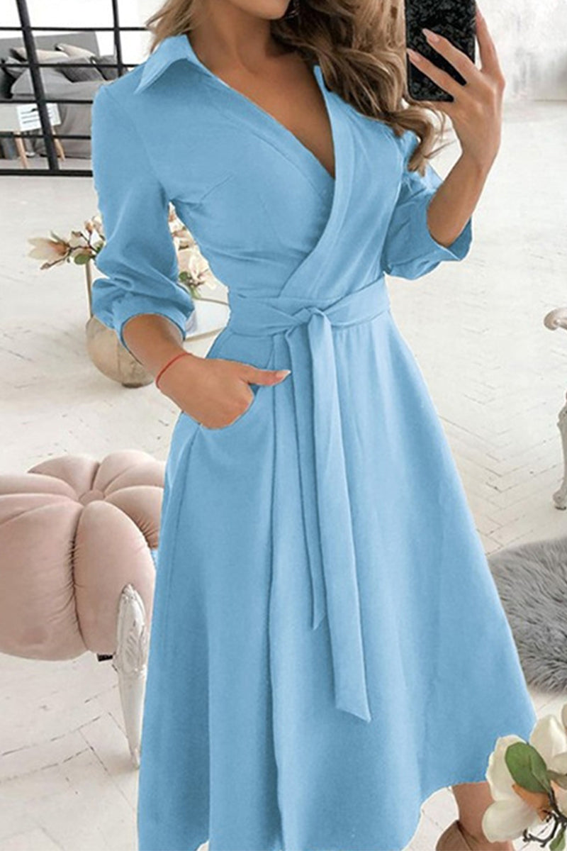 WW | Elegante Druckdruck Umgeschlagener Kragen A-Linie Kleider