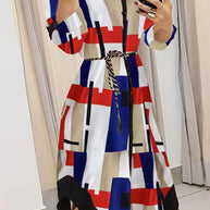 WW | Elegante Druckdruck Umgeschlagener Kragen A-Linie Kleider