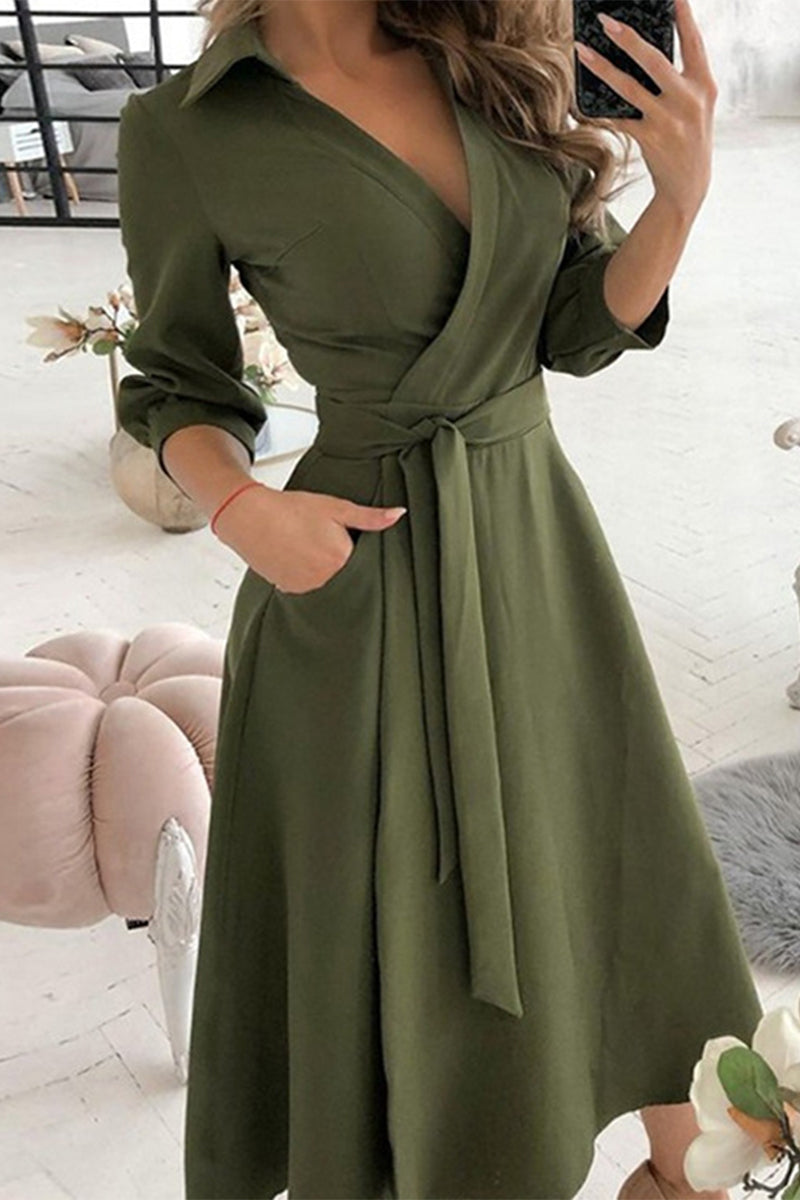 WW | Elegante Druckdruck Umgeschlagener Kragen A-Linie Kleider