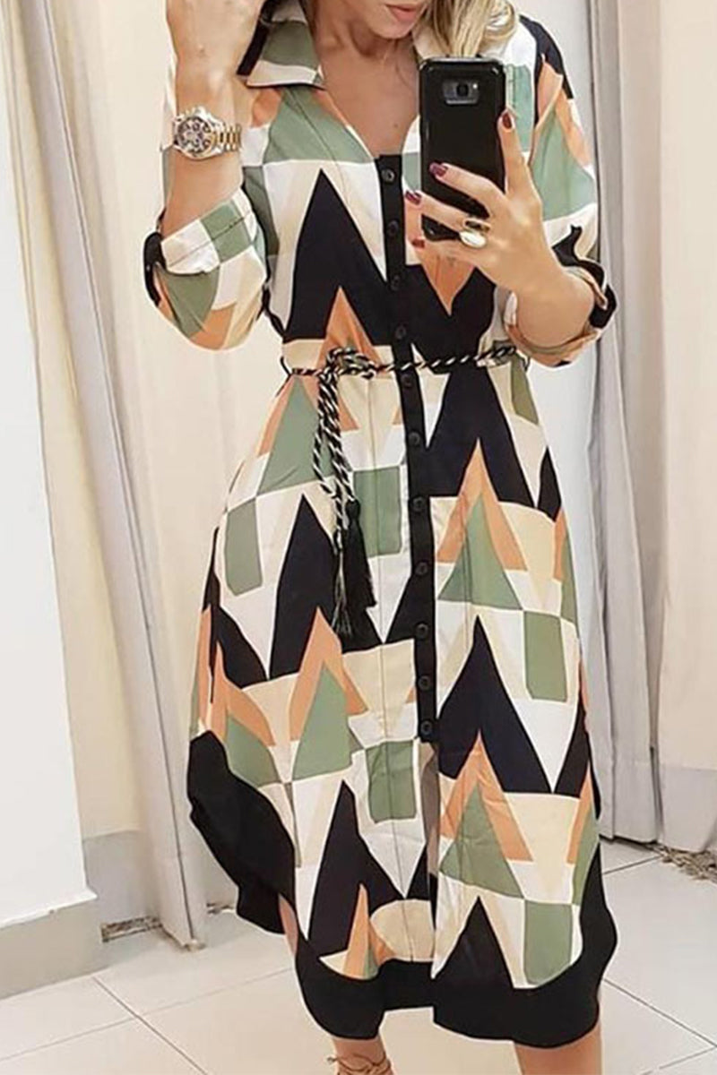 WW | Elegante Druckdruck Umgeschlagener Kragen A-Linie Kleider