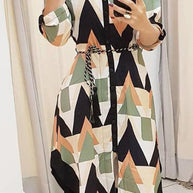 WW | Elegante Druckdruck Umgeschlagener Kragen A-Linie Kleider