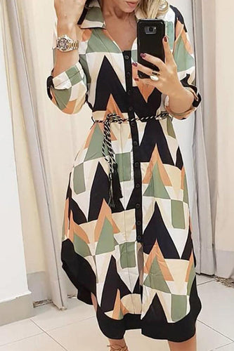 WW | Elegante Druckdruck Umgeschlagener Kragen A-Linie Kleider