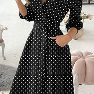 WW | Elegante Druckdruck Umgeschlagener Kragen A-Linie Kleider