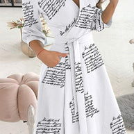 WW | Elegante Druckdruck Umgeschlagener Kragen A-Linie Kleider