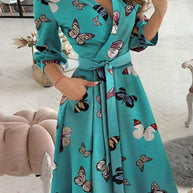 WW | Elegante Druckdruck Umgeschlagener Kragen A-Linie Kleider