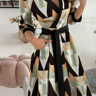 WW | Elegante Druckdruck Umgeschlagener Kragen A-Linie Kleider