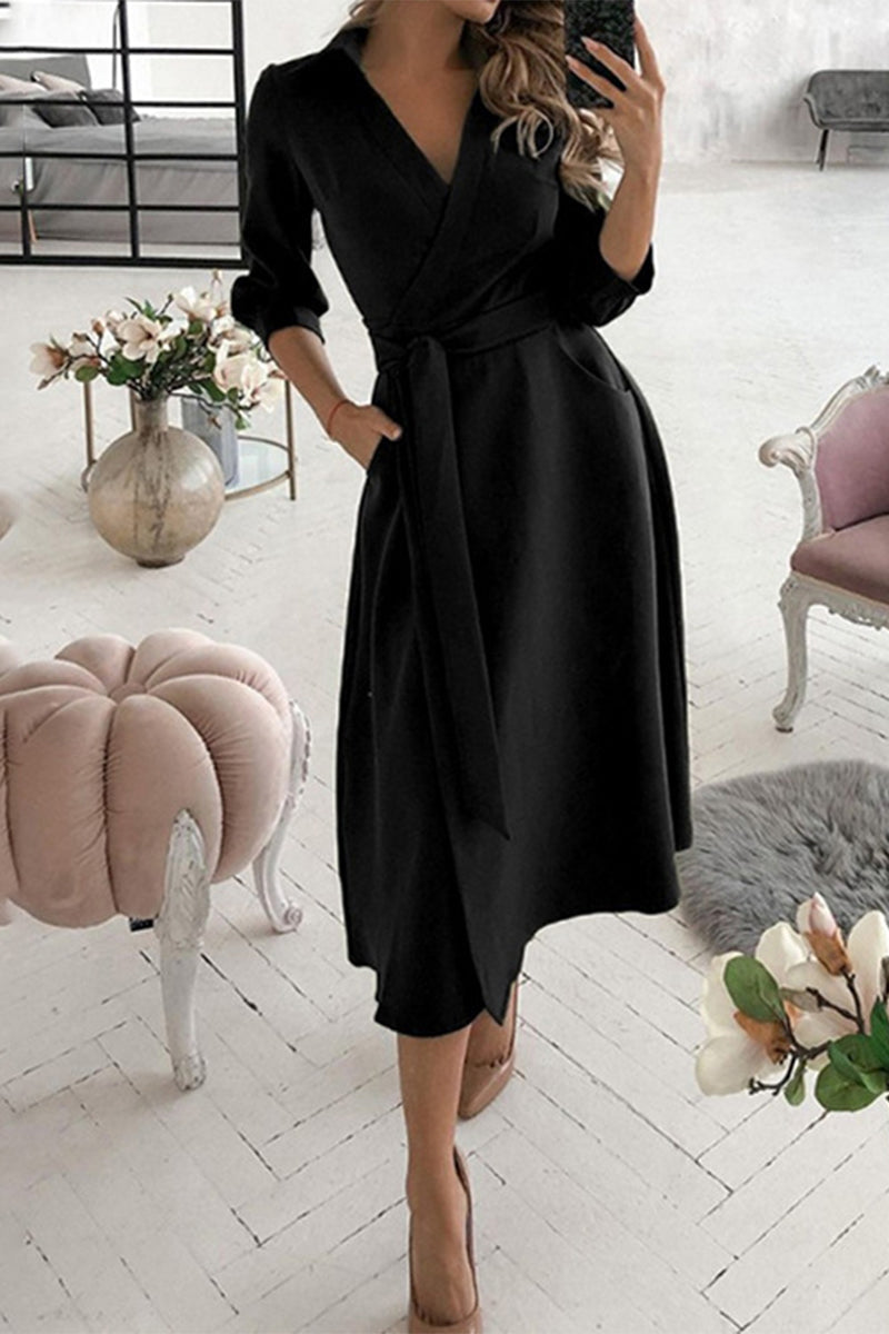 WW | Elegante Druckdruck Umgeschlagener Kragen A-Linie Kleider