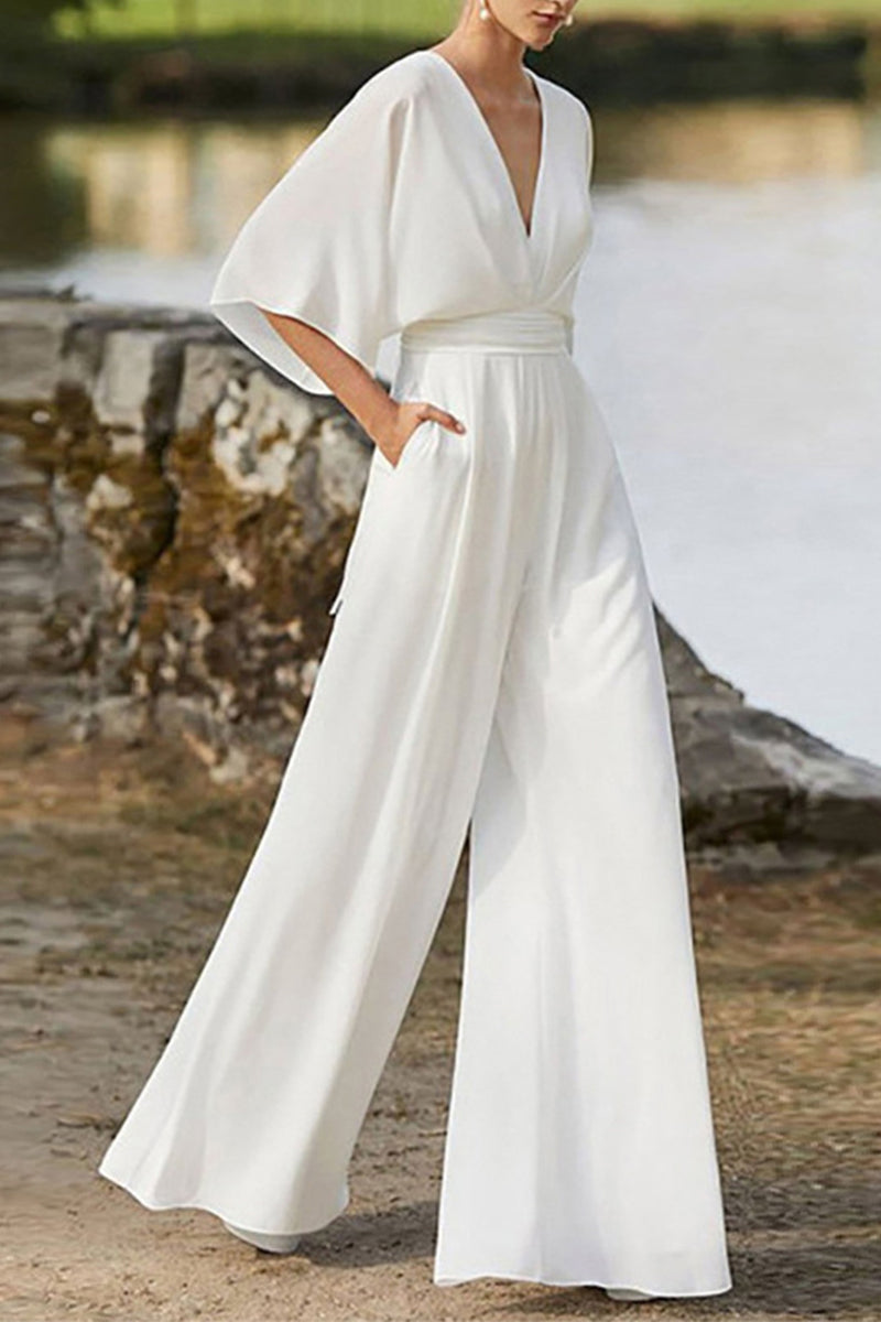WW | Elegante Einfarbige V-Ausschnitt Boot Cut Jumpsuits