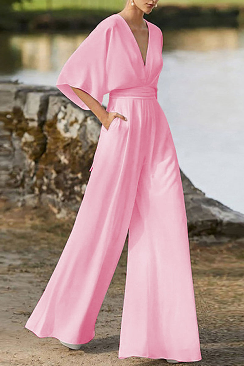 WW | Elegante Einfarbige V-Ausschnitt Boot Cut Jumpsuits