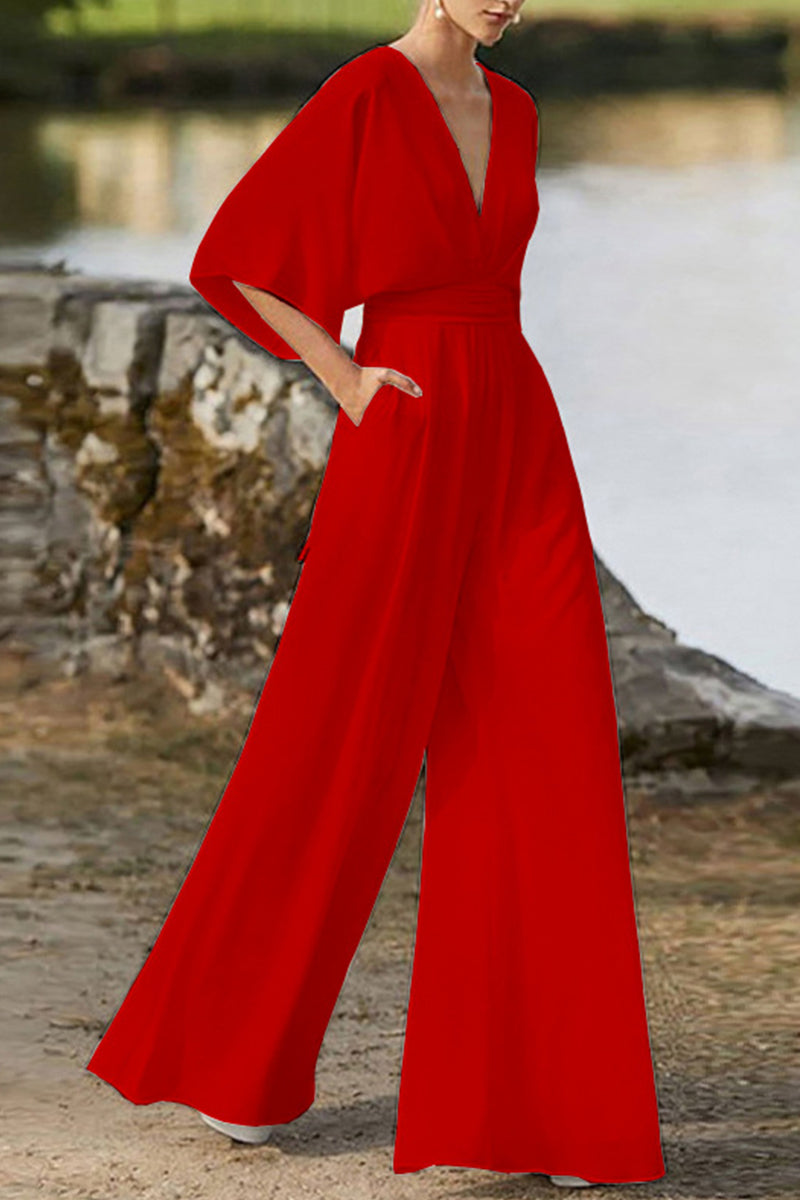 WW | Elegante Einfarbige V-Ausschnitt Boot Cut Jumpsuits