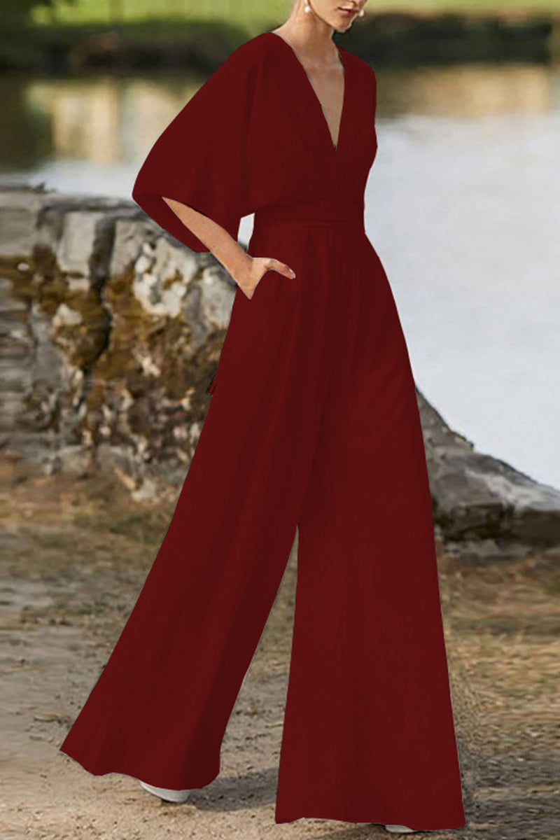 WW | Elegante Einfarbige V-Ausschnitt Boot Cut Jumpsuits