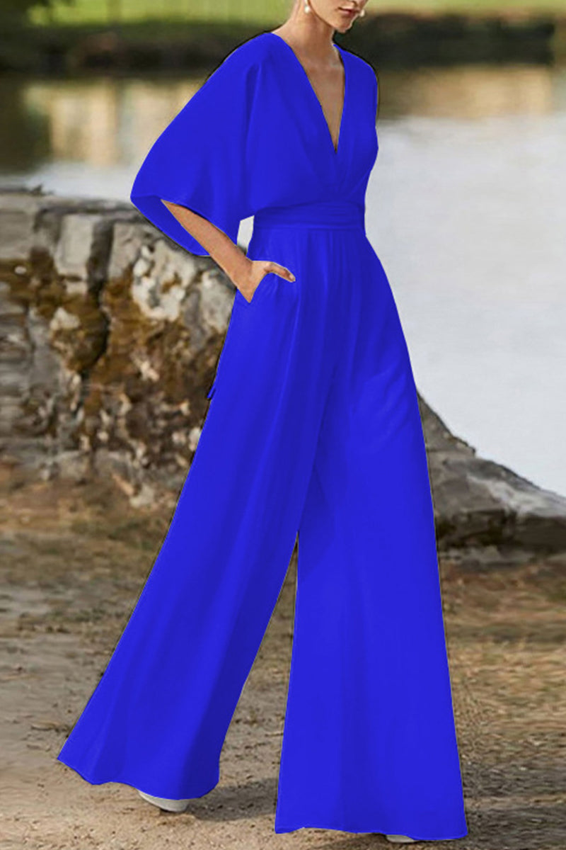WW | Elegante Einfarbige V-Ausschnitt Boot Cut Jumpsuits