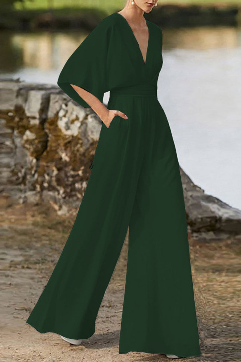 WW | Elegante Einfarbige V-Ausschnitt Boot Cut Jumpsuits