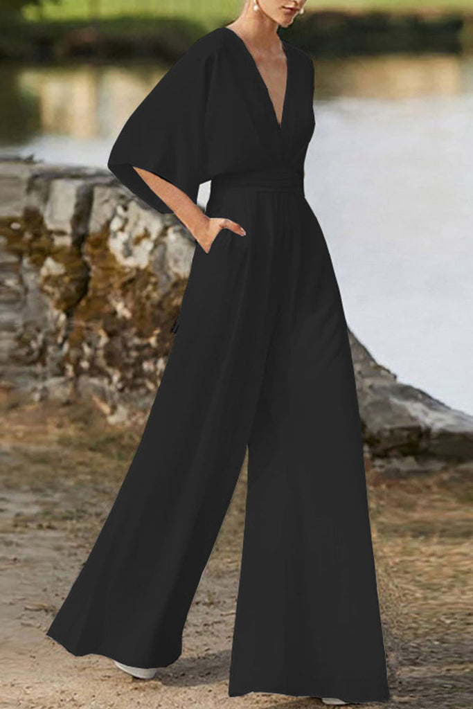 WW | Elegante Einfarbige V-Ausschnitt Boot Cut Jumpsuits