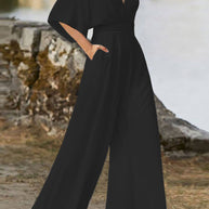 WW | Elegante Einfarbige V-Ausschnitt Boot Cut Jumpsuits