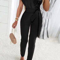 WW | Süß Elegante Patchwork Pailletten Asymmetrischer Kragen Reguläre Jumpsuits- 5 Farben