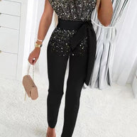 WW | Süß Elegante Patchwork Pailletten Asymmetrischer Kragen Reguläre Jumpsuits- 5 Farben