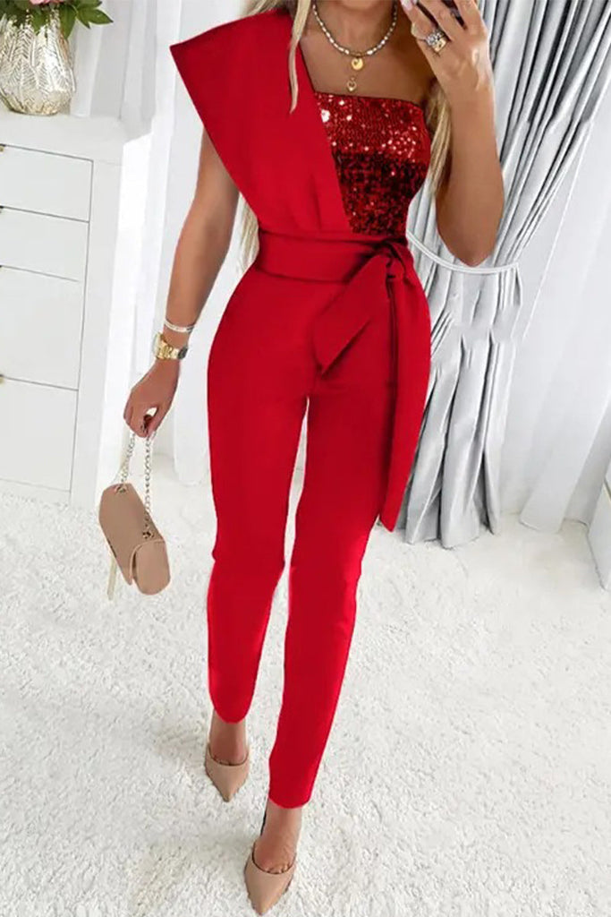 WW | Jumpsuit Strapless Pailletten Oberteil Asymmetrisches Overlay Schmal Zulaufendes Bein