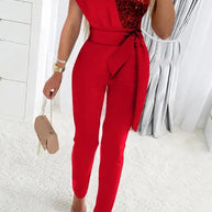 WW | Süß Elegante Patchwork Pailletten Asymmetrischer Kragen Reguläre Jumpsuits- 5 Farben
