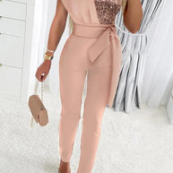 WW | Süß Elegante Patchwork Pailletten Asymmetrischer Kragen Reguläre Jumpsuits- 5 Farben