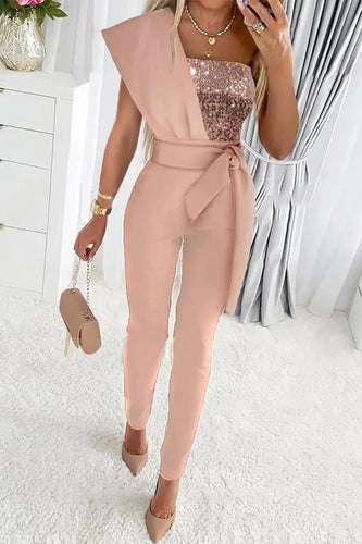 WW | Süß Elegante Patchwork Pailletten Asymmetrischer Kragen Reguläre Jumpsuits- 5 Farben