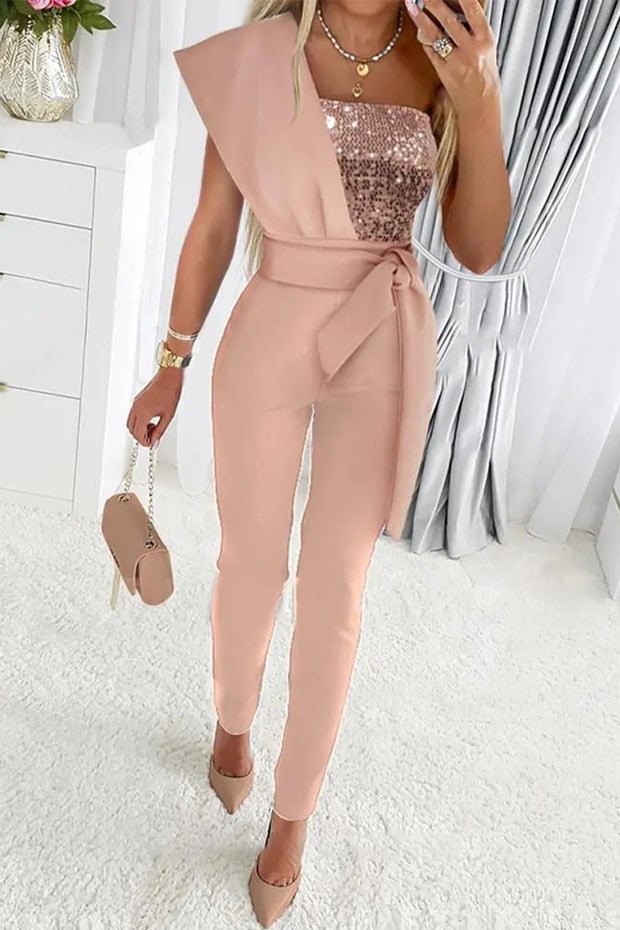 WW | Süß Elegante Patchwork Pailletten Asymmetrischer Kragen Reguläre Jumpsuits- 5 Farben