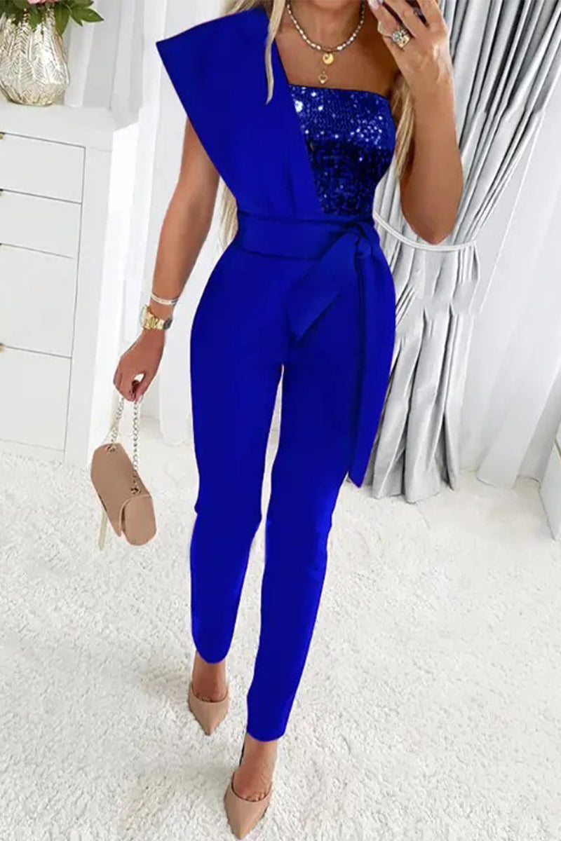 WW | Süß Elegante Patchwork Pailletten Asymmetrischer Kragen Reguläre Jumpsuits- 5 Farben