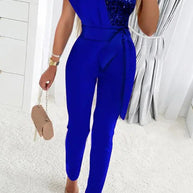 WW | Süß Elegante Patchwork Pailletten Asymmetrischer Kragen Reguläre Jumpsuits- 5 Farben