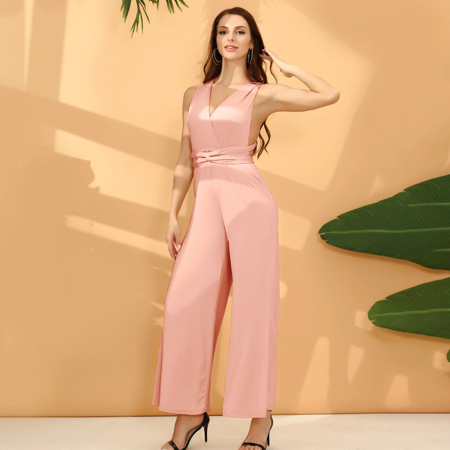 Damen eleganter Jumpsuit mit tiefem V-Ausschnitt und innovativer Wickeloptik WW