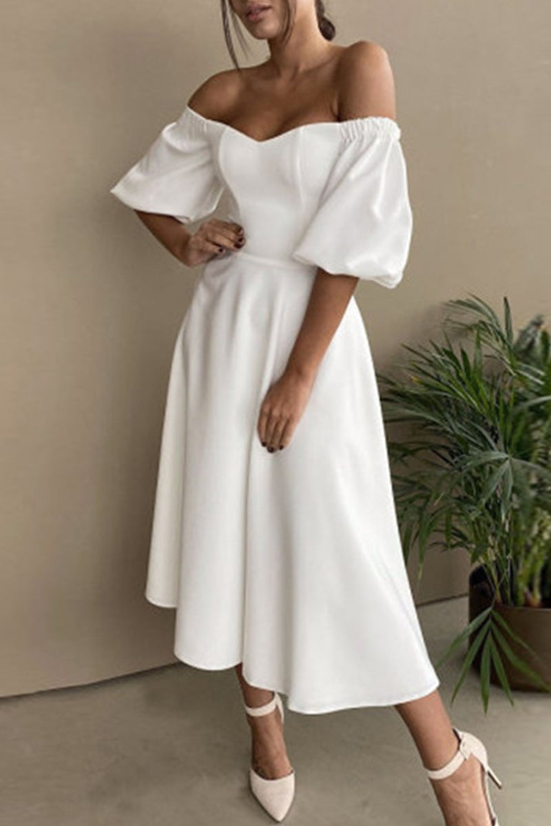 WW | Elegante Einfarbige Off The Shoulder A-Linie Kurze Ärmel Kleid