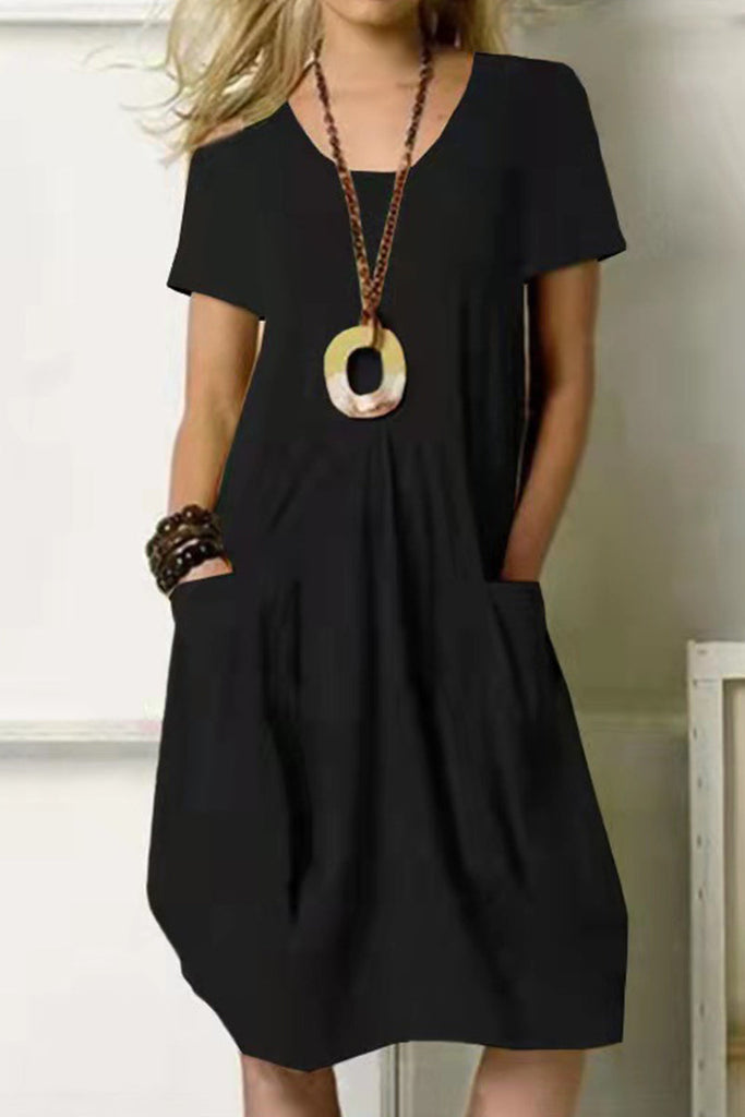 WW | Entspannte Einfachheit Solid Pocket O Hals Kurzarm Kleid