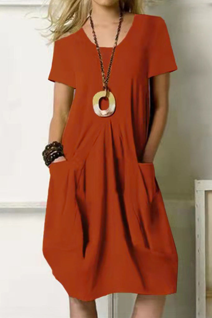 WW | Entspannte Einfachheit Solid Pocket O Hals Kurzarm Kleid