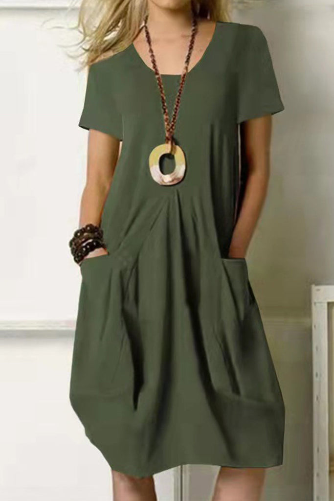 WW | Entspannte Einfachheit Solid Pocket O Hals Kurzarm Kleid