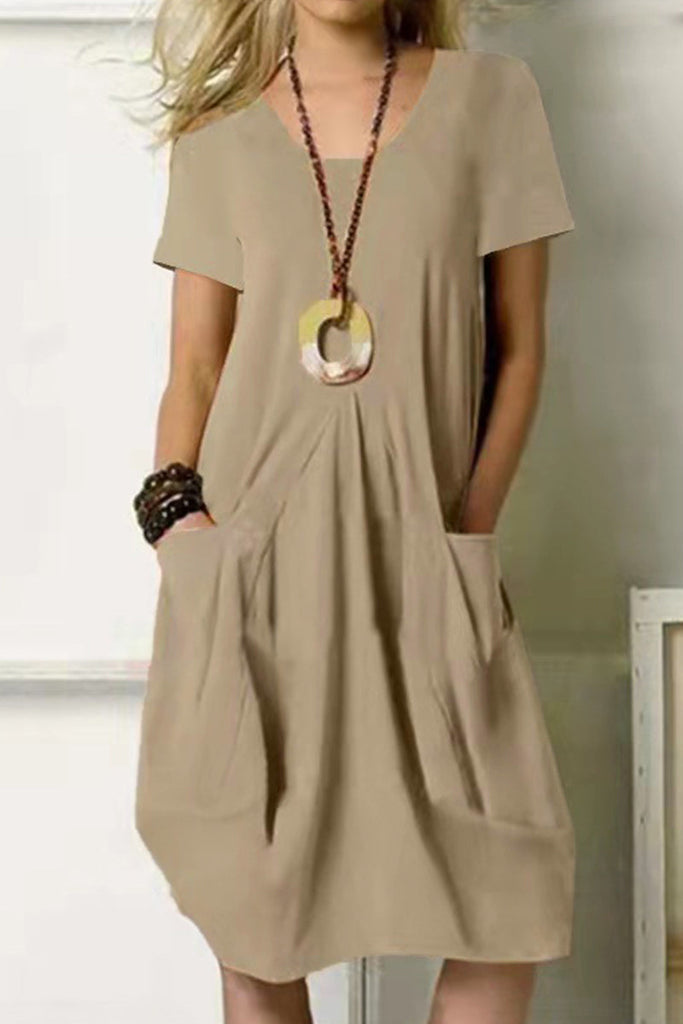 WW | Entspannte Einfachheit Solid Pocket O Hals Kurzarm Kleid