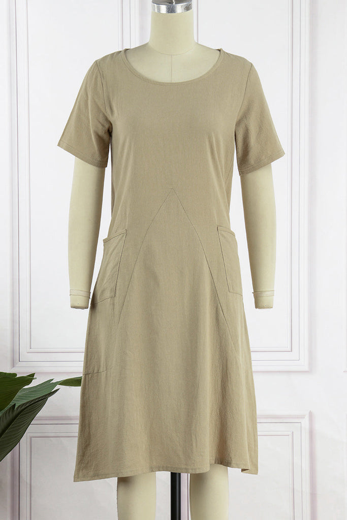 WW | Entspannte Einfachheit Solid Pocket O Hals Kurzarm Kleid