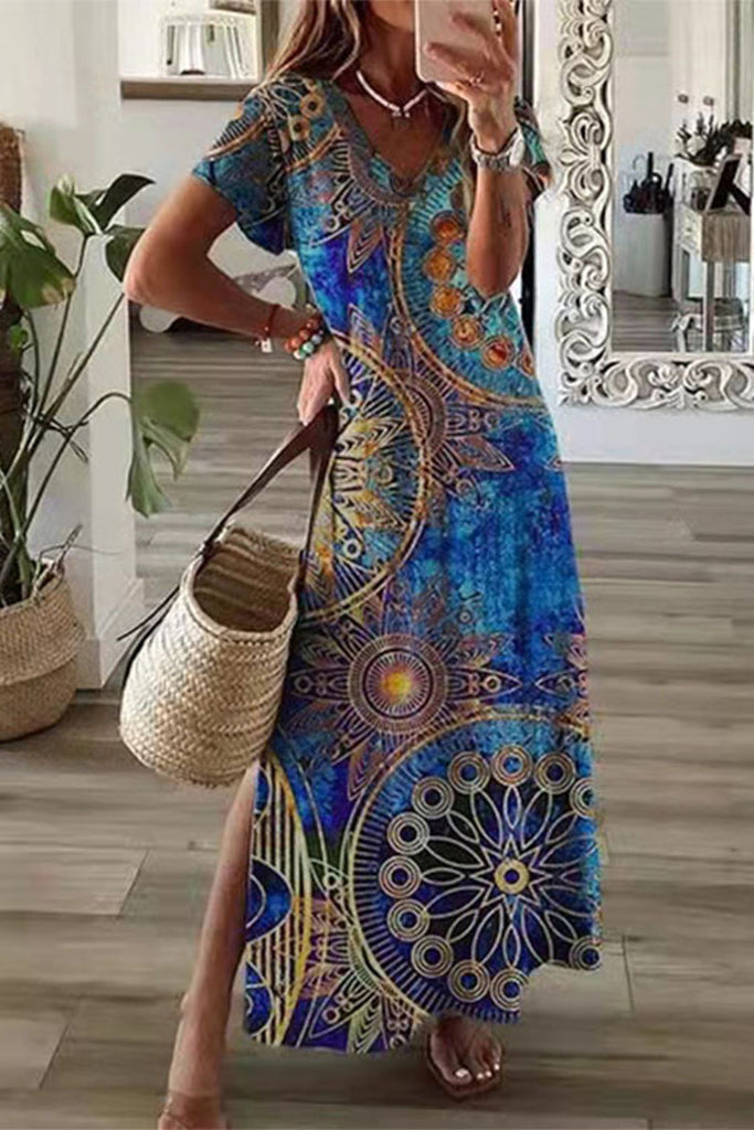 WW | Lässiges Mischdruck Patchwork Übersee Bedrucktes Kleid Kurze Ärmel Kleid