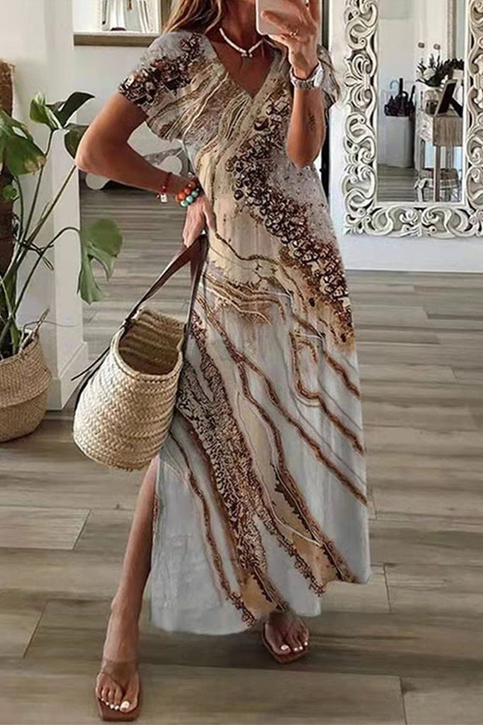 WW | Lässiges Mischdruck Patchwork Übersee Bedrucktes Kleid Kurze Ärmel Kleid